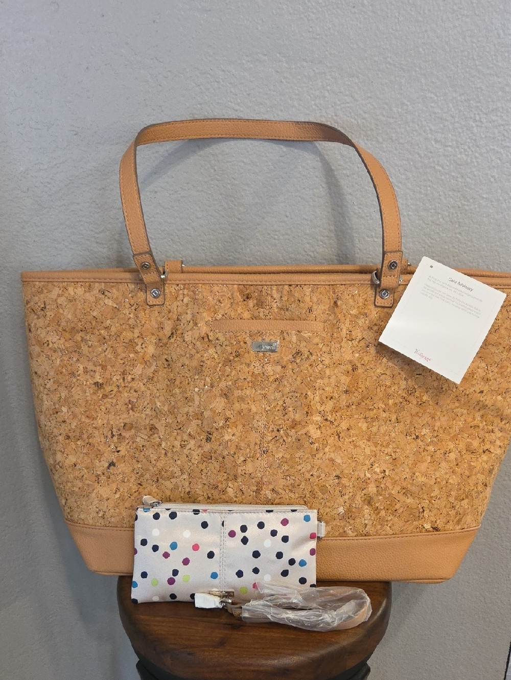 Jewell Thirty-one  Cork Extra large hand bag with matching Polka dot wristlet
